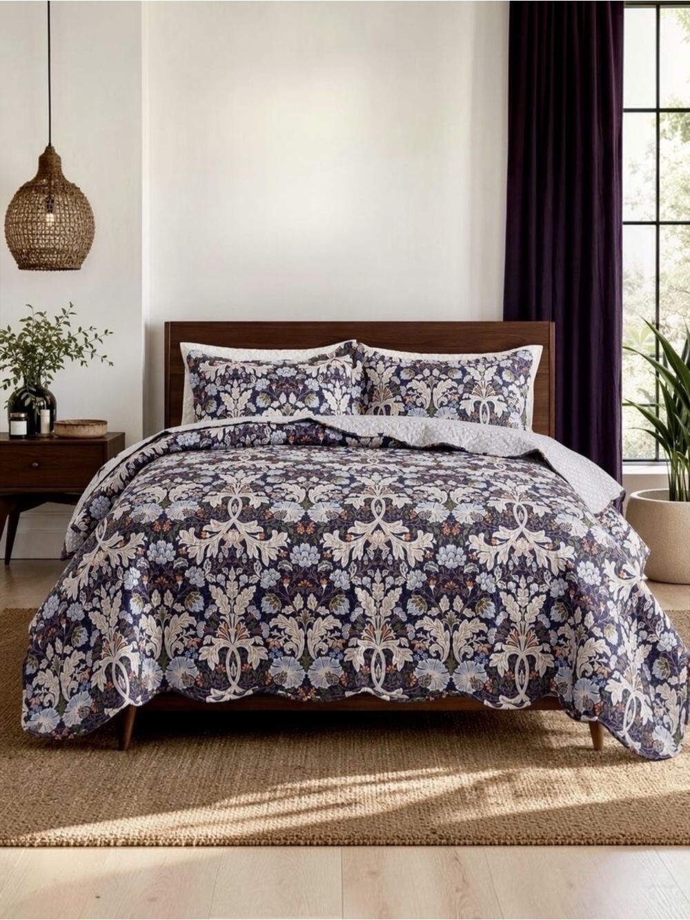 NEW Anthropologie Purple Floral Queen / King Quilt Bedspread Bedding & Sham Set